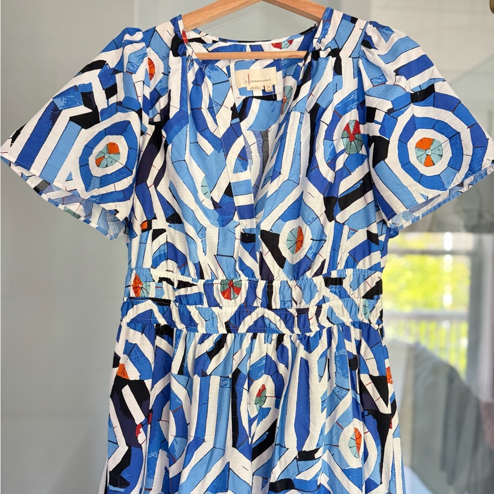 Anthropologie medium Geometric Blue and White Dress Somerset